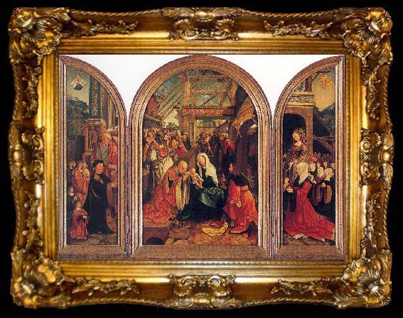 framed  Oostsanen, Jacob Cornelisz van Tryptych with the Adoration of the Magi, Donors, and Saints, ta009-2